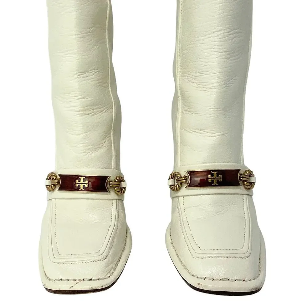 Tory Burch Logo Boots Tall Ivory Genuine Leather Knee High Size 6 Box Bag Incl